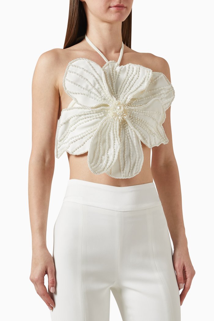 

Hand-beaded Floral Top in Lycra, White