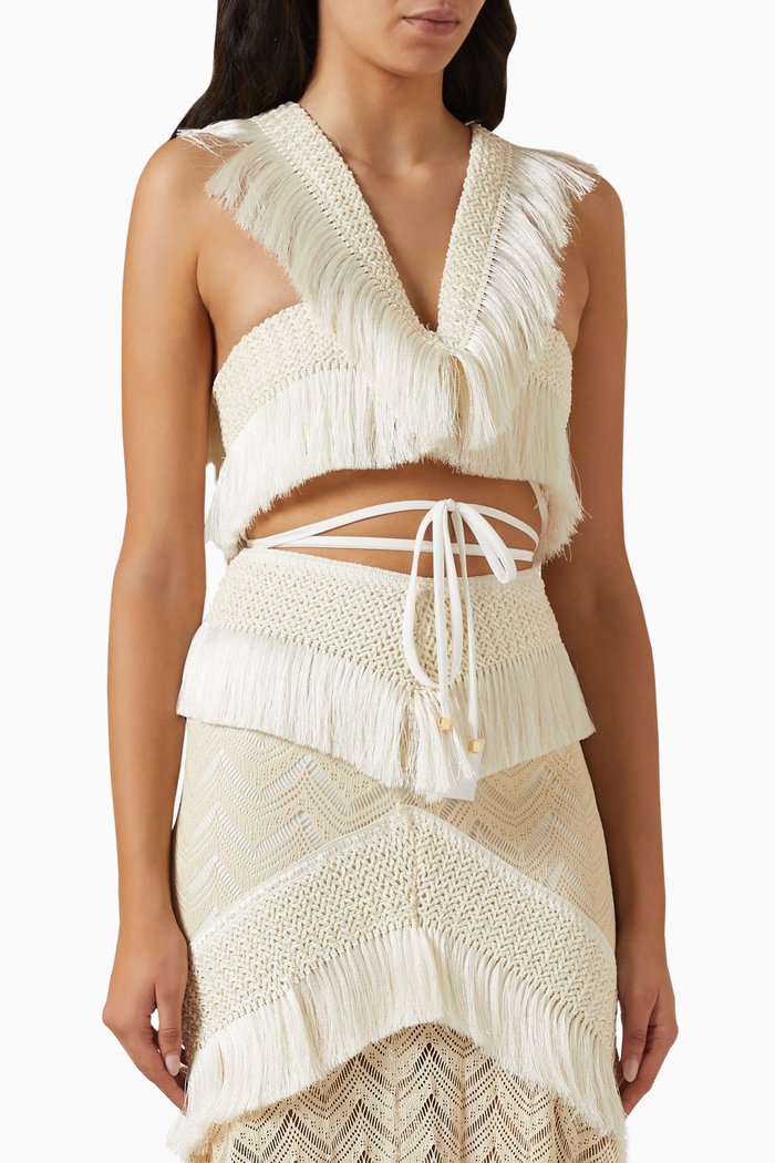 

Fringe Trim Crop Top, Neutral