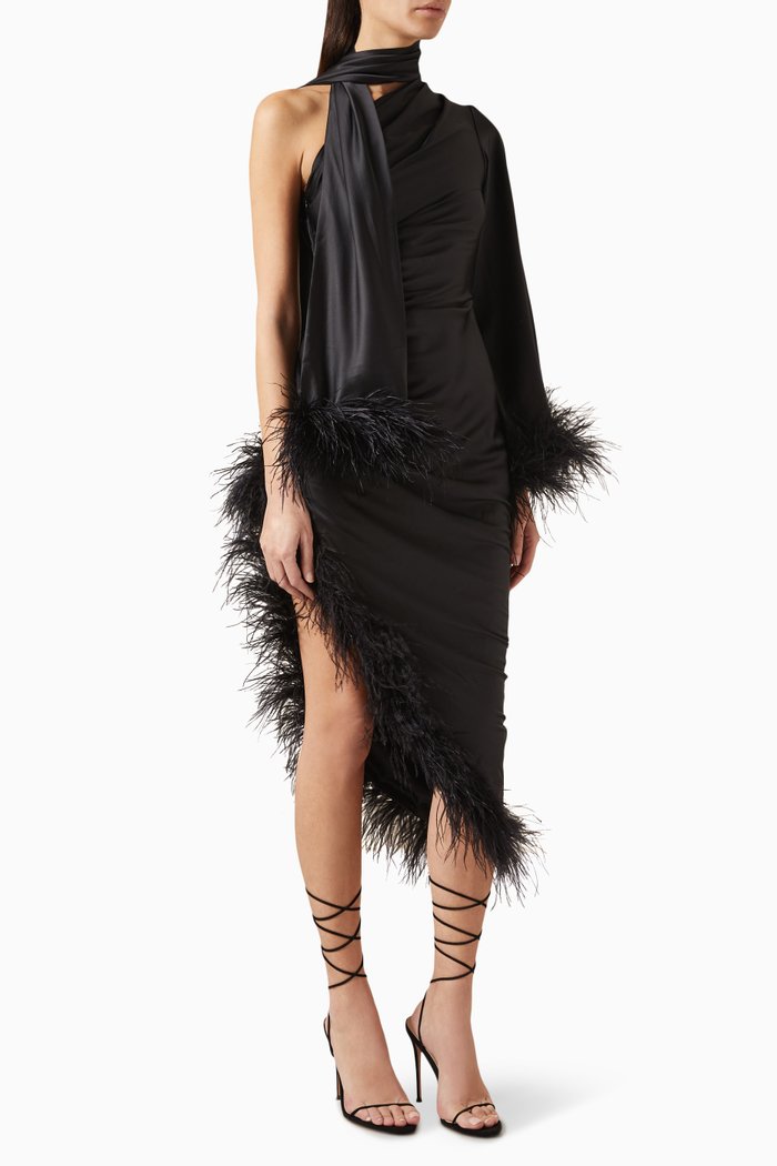 

Oscar Feather Trimmed Dress in Crepe, Black