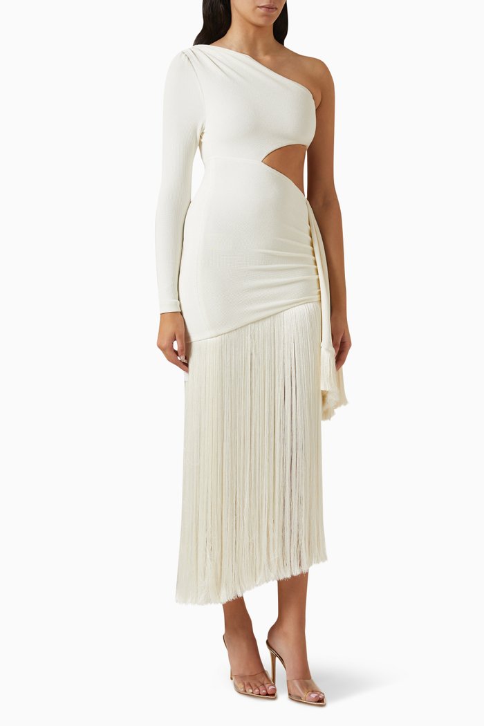 

Cutout Fringe Trim Maxi Dress, Neutral