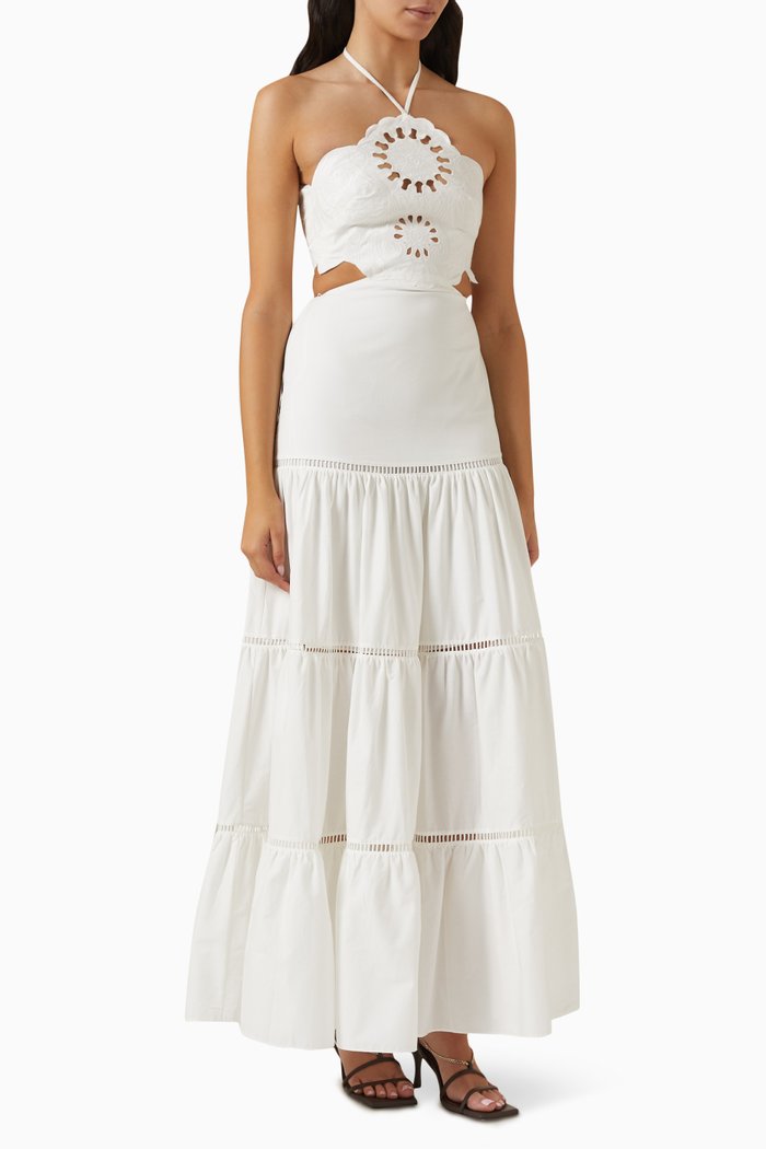 

Lasercut Maxi Dress in Cotton Poplin, White