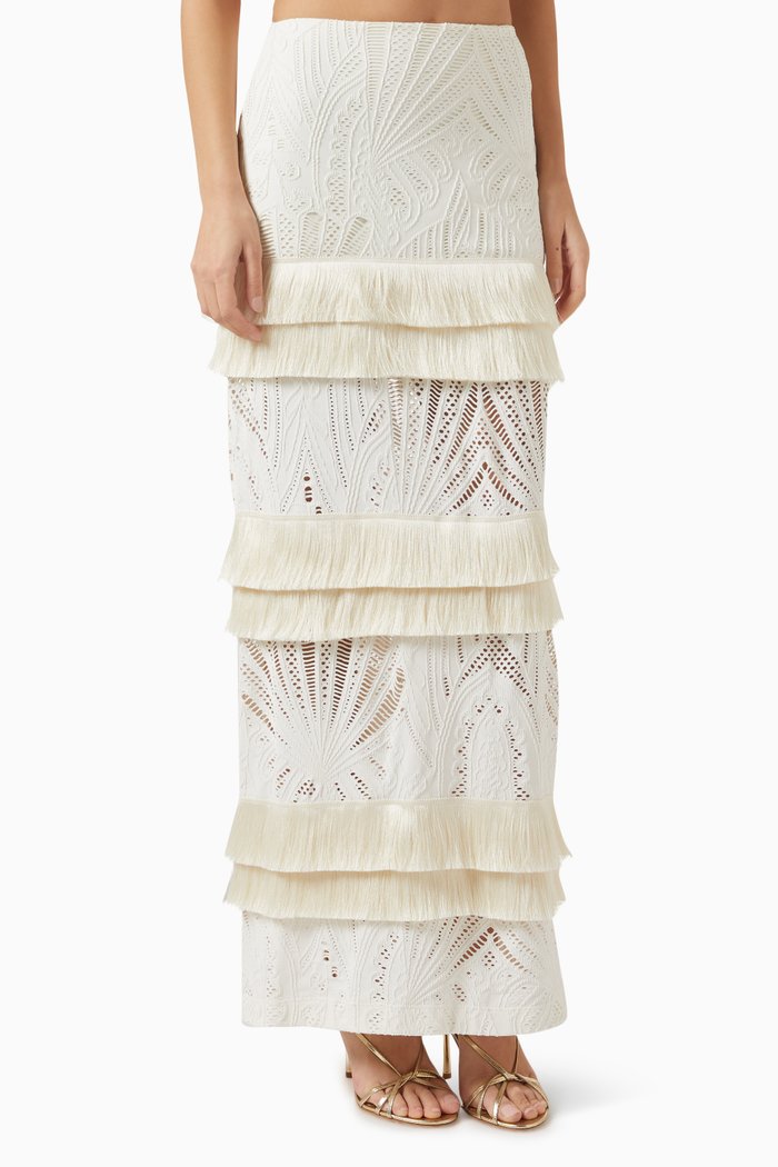 

Fringe Trim Maxi Skirt in Lace, Neutral