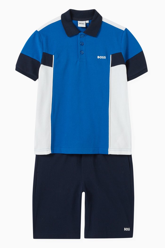 

Stripe Logo-print Polo Shirt & Shorts Set in Cotton, Blue