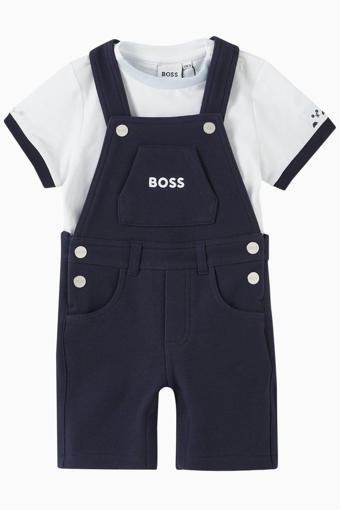 

Logo T-shirt & Dungarees Set in Cotton, Blue
