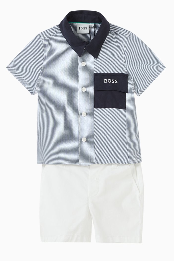 

Striped Shirt & Shorts Set in Cotton, Blue
