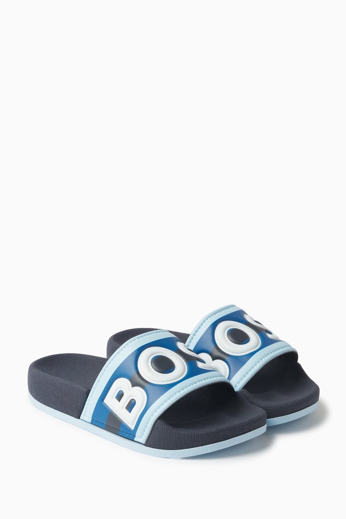 

Striped Logo Slides in Faux Leather, Blue