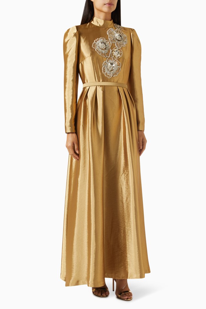 

Antique Floral-embellished Maxi Dress, Gold
