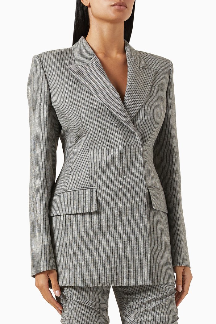 

Pinstripe Double-breasted Suit Jacket in Linen-blend, Grey