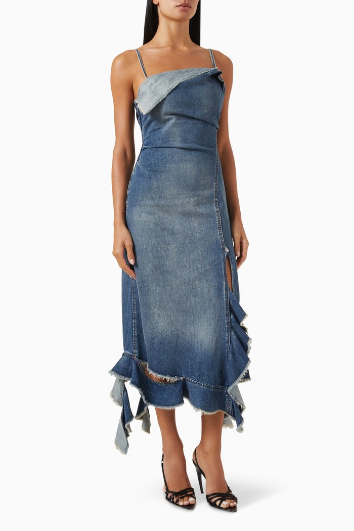 

Ruffled Strappy Midi Dress in Denim, Blue