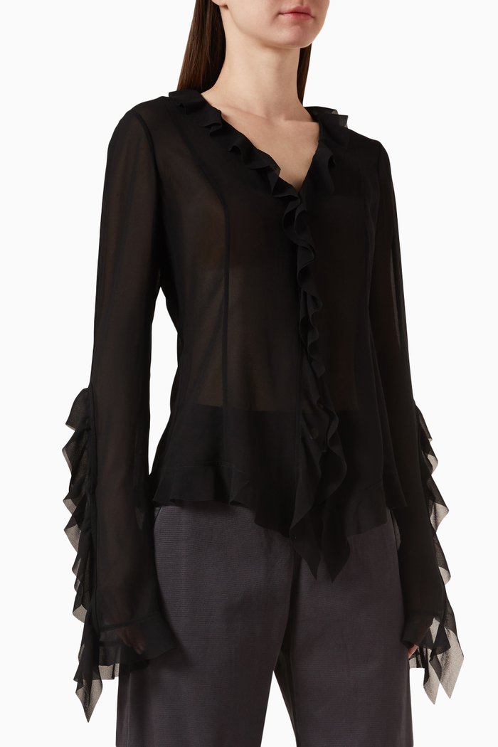 

Ruffle Blouse in Semi-sheer Fabric, Black