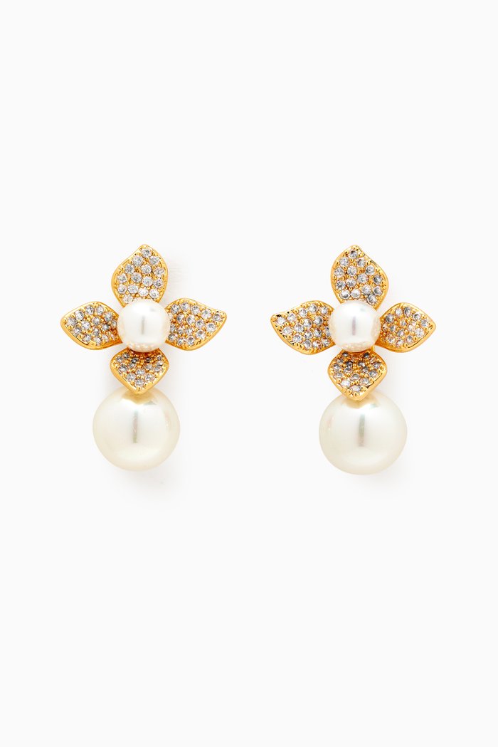 

Four Leaf Pearl Stud Earrings in 14kt Gold-plated Brass, Yellow