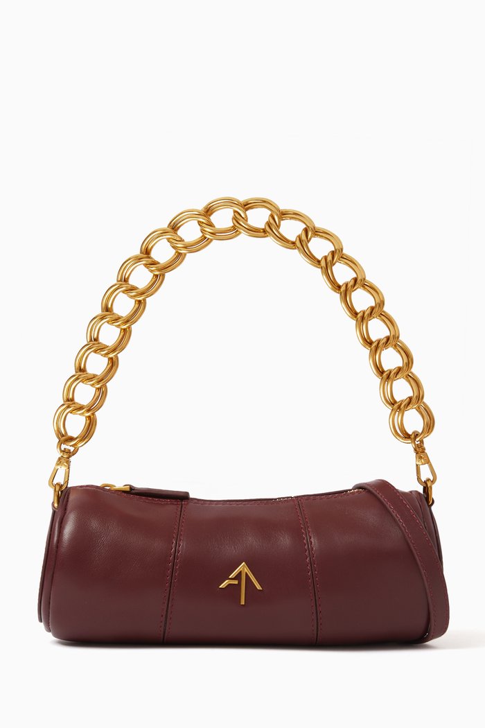 Mini Cylinder Shoulder Bag in Calf Leather, Burgundy