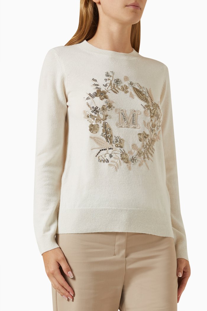 

Bari Embellished Sweater in Wool-cashmere Blend, White