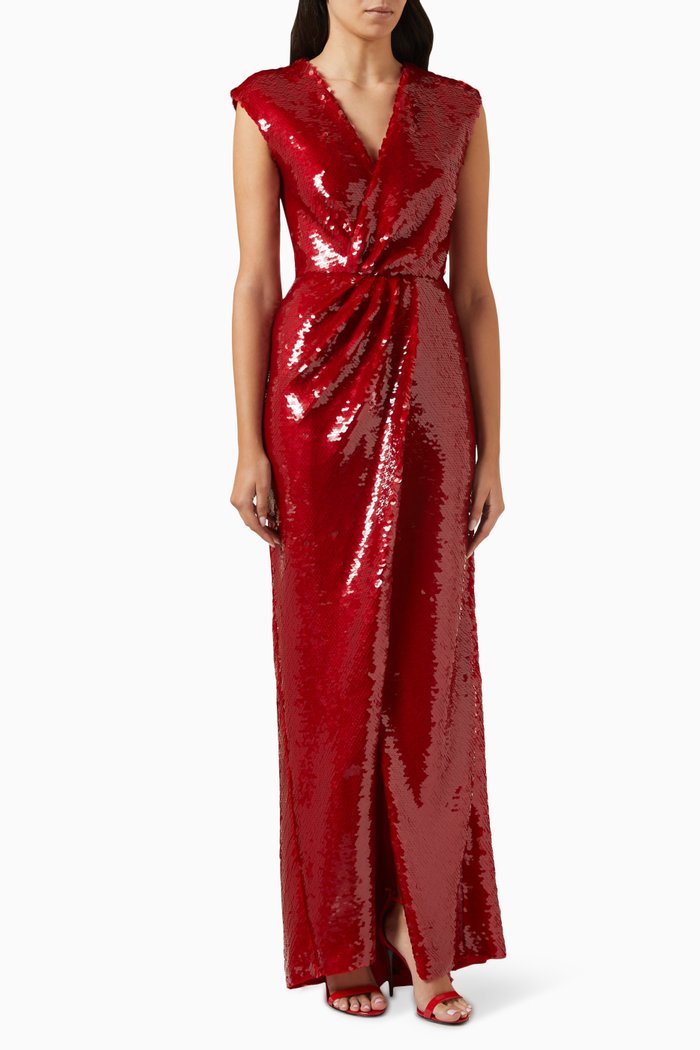 

Sequinned Draped Maxi Dress, Red