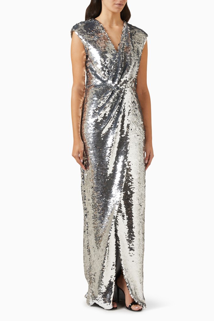 

Sequinned Draped Maxi Dress, Silver