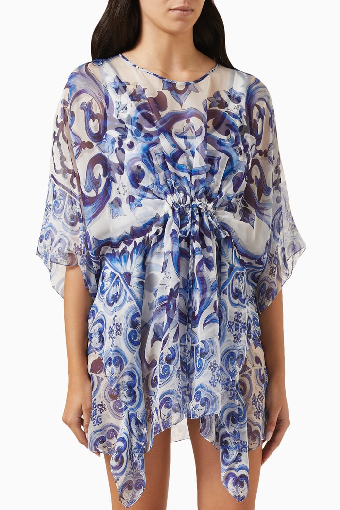 

Majolica Print Mini Kaftan in Silk Chiffon, Blue