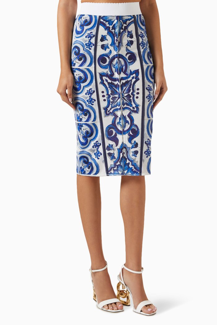 Majolica Print Midi Skirt in Polyamide, Blue