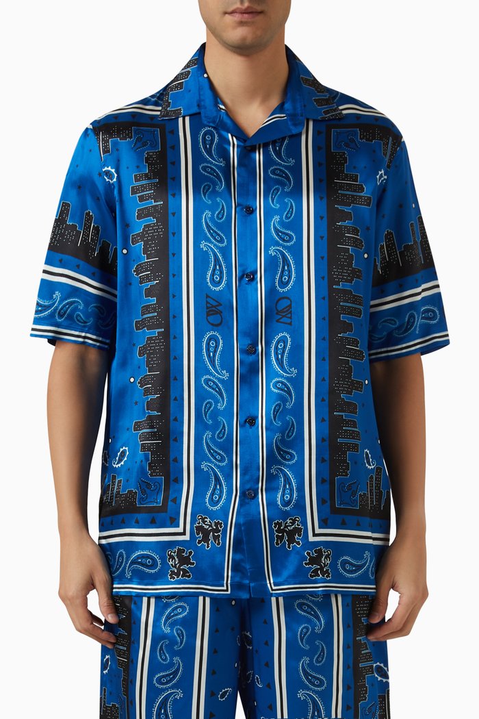 Bandana Bowling Shirt in Viscose Satin, Blue