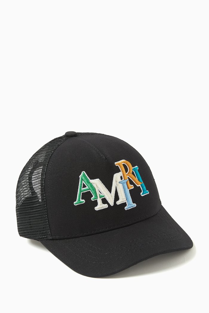 

Staggered Logo Trucker Cap in Cotton, Black