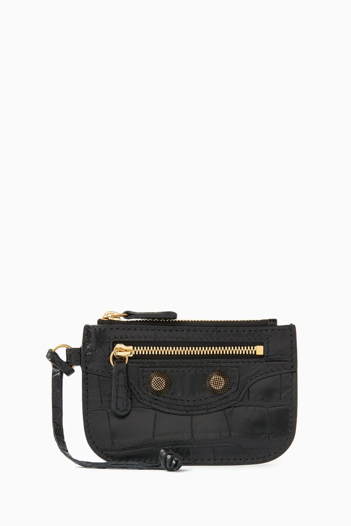 Le Cagole Coin Holder in Croc-embossed Leather, Black