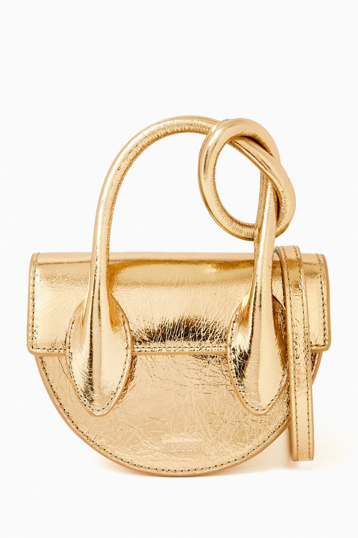 

Mini Pretzel Top Handle Bag in Crackled Leather, Gold