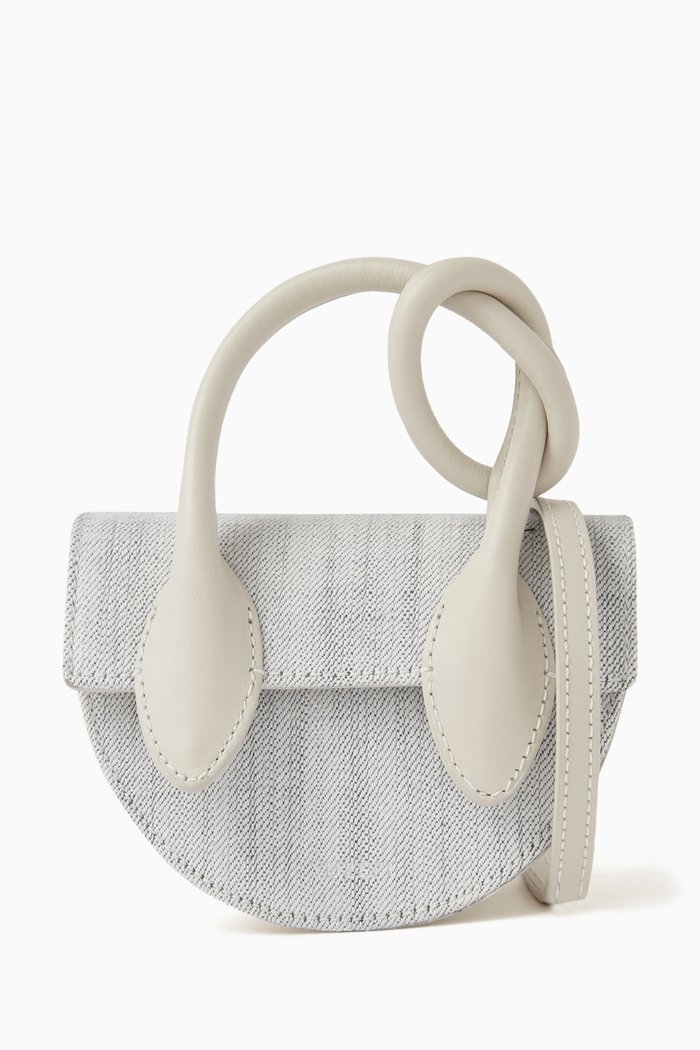 Mini Pretzel Top Handle Bag in Denim, White