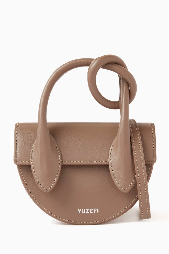Mini Pretzel Top Handle Bag in Smooth Leather, Brown