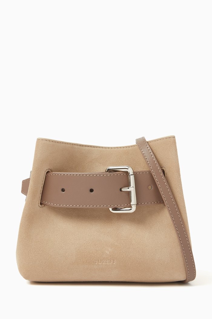 Shroom Buckle Clutch in Suede, Neutral
