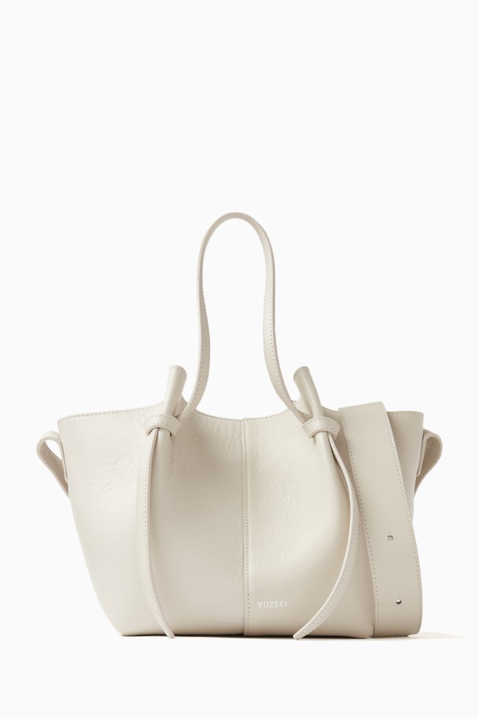 

Small Square Mochi Tote Bag in Smooth Leather, Neutral