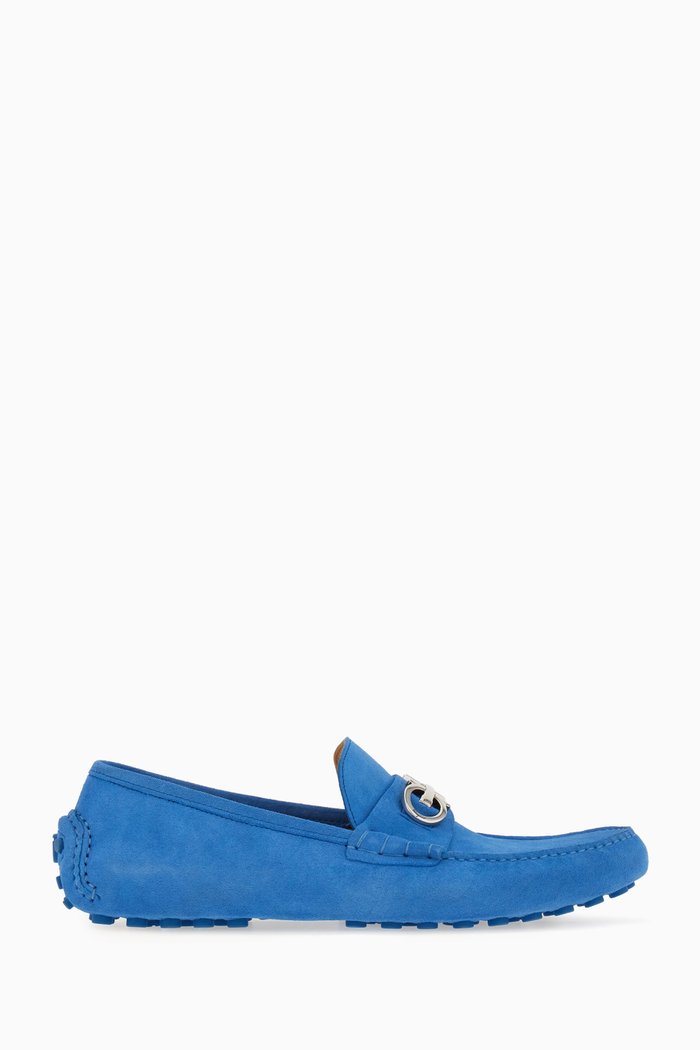 Gancini Ornament Driver Loafers in Suede, Blue