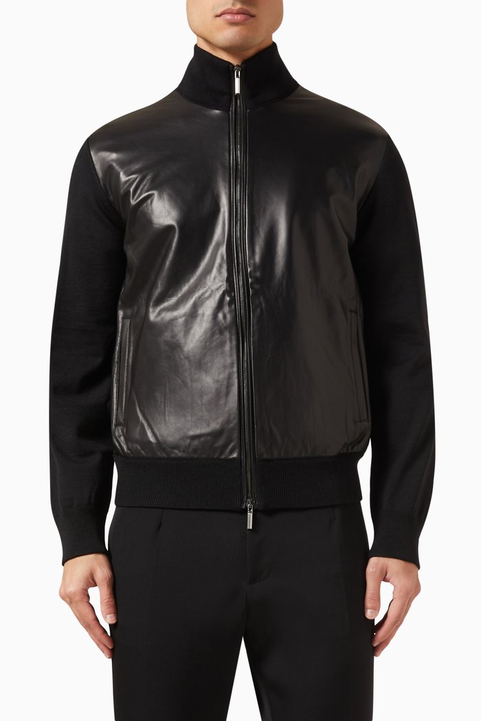 

Panelled Bomber Jacket in Wool & Leather, Black