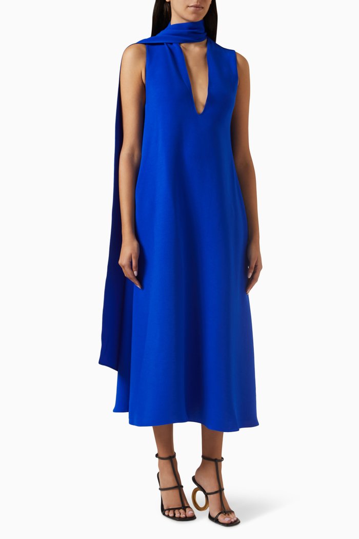 V-neck Sash Maxi Dress in Crêpe, Blue