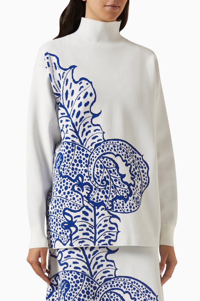 

Leaf Print Sweater in Jacquard, Blue