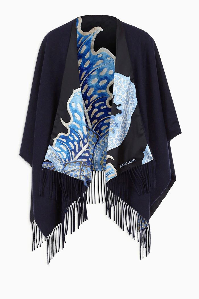 

Reversible Foliage Poncho in Silk Twill & Cashmere, Blue