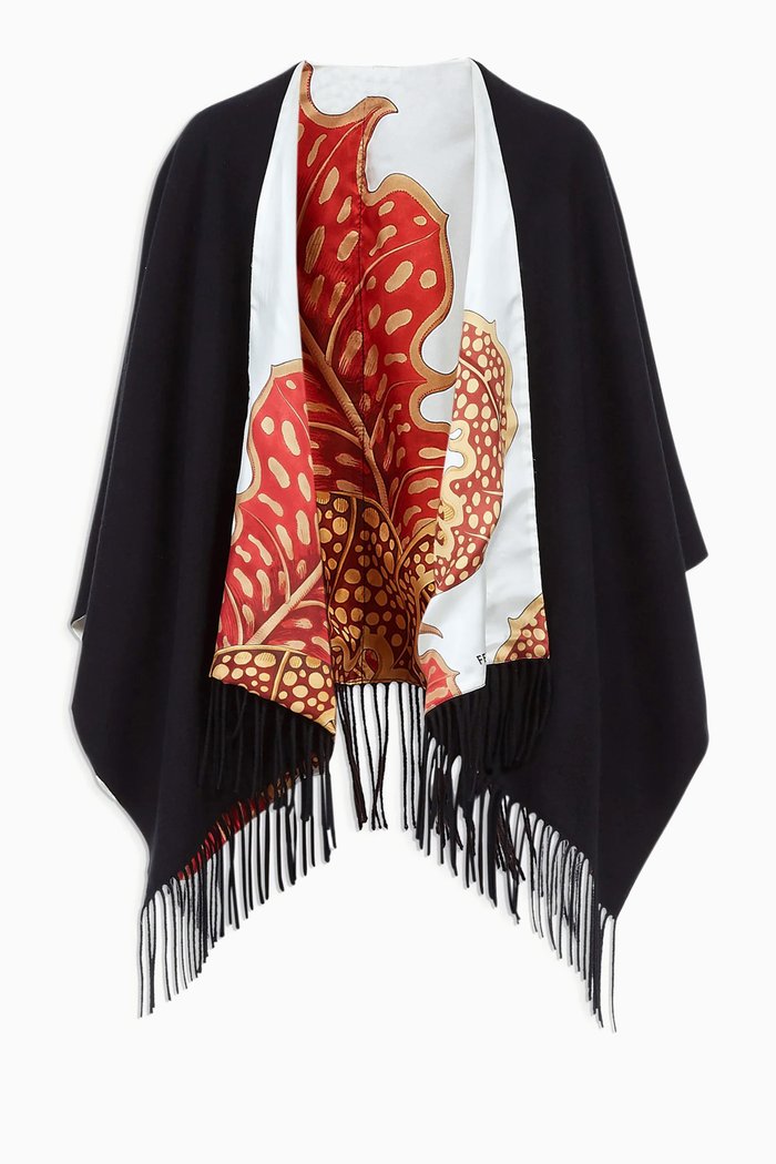 

Reversible Foliage Poncho in Silk Twill & Cashmere, Black