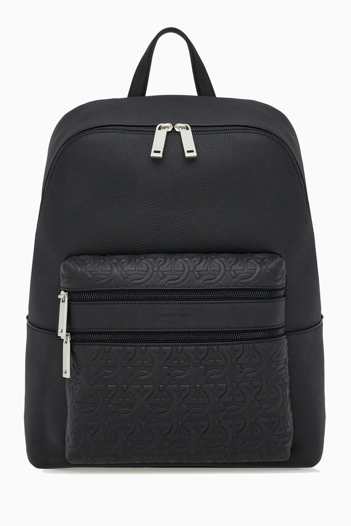 

Gancio Embossed Backpack in Calfskin, Black