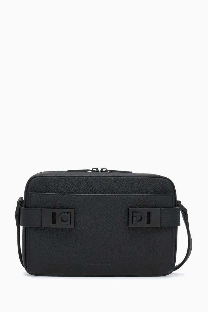 

Gancini Buckle Crossbody Bag in Calf Leather, Black