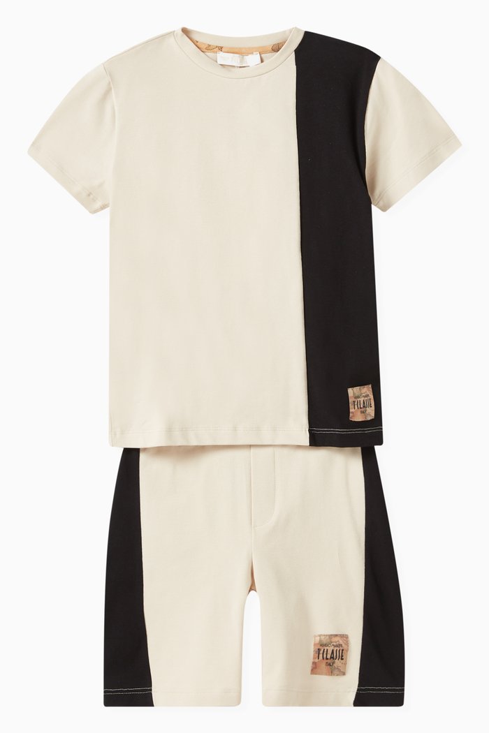 Colour-block T-shirt & Shorts Set in Cotton Jersey, Neutral