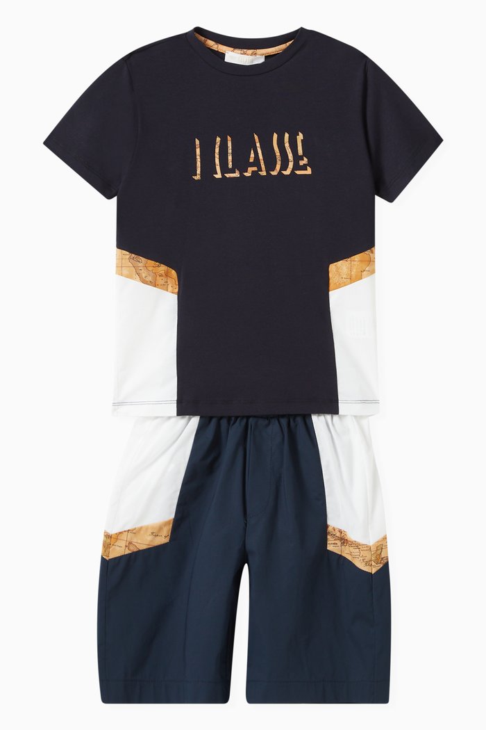 Colour-block T-shirt & Shorts Set in Cotton Jersey, Blue