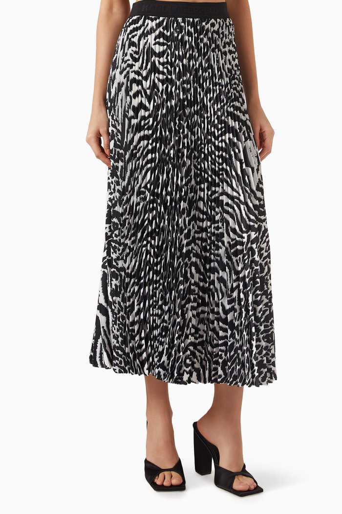 

Animal Print Pleated Midi Skirt in Recycled Polyester, White