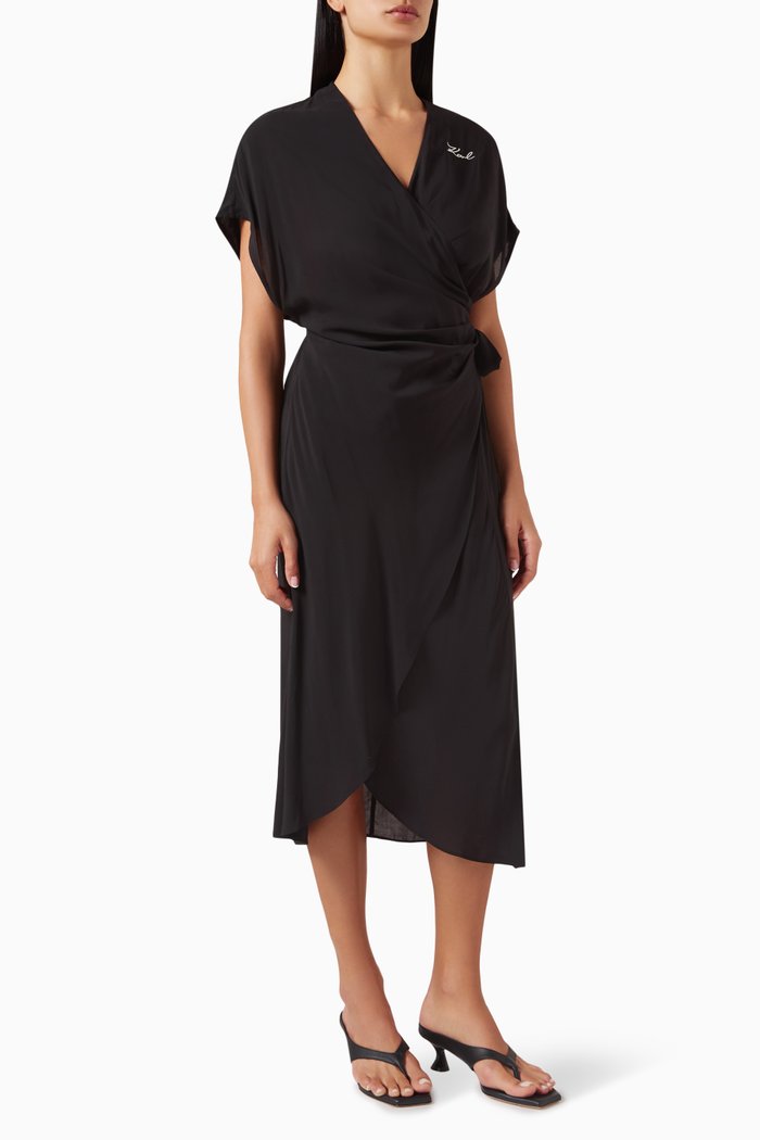 Logo Wrap Beach Dress in Viscose, Black