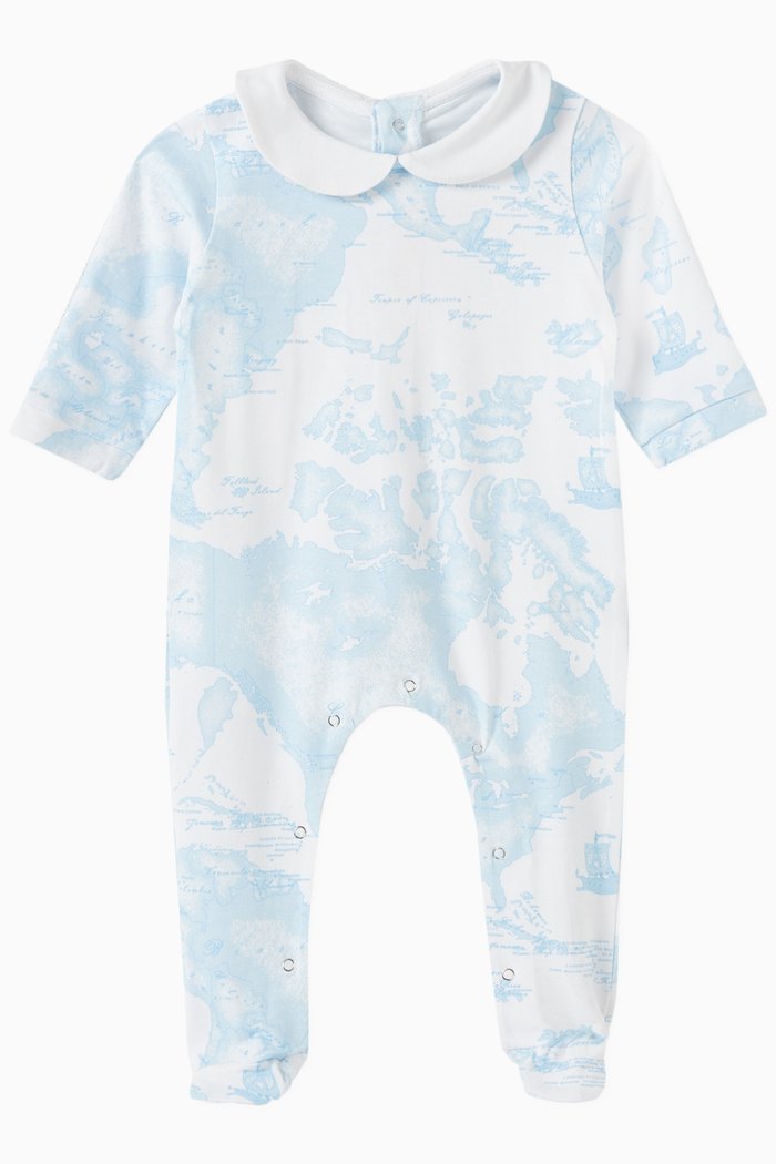 

Geo Map Romper in Stretch Cotton, Blue