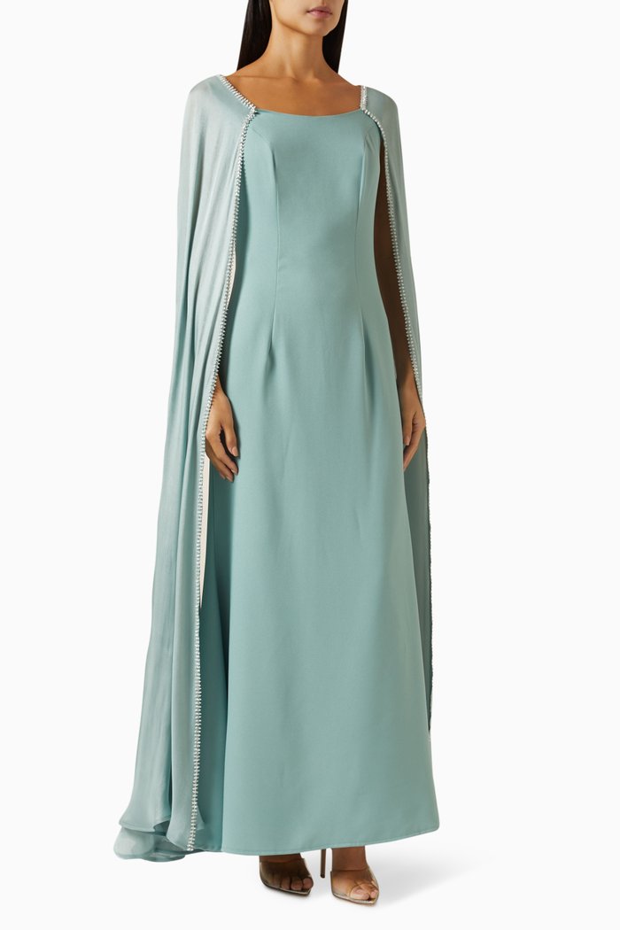 Cape-sleeve Maxi Dress, Green