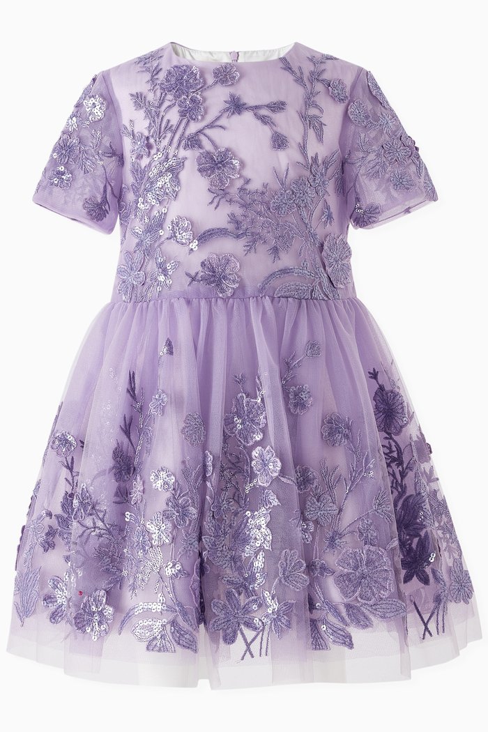 Floral-embroidered Dress in Tulle, Purple