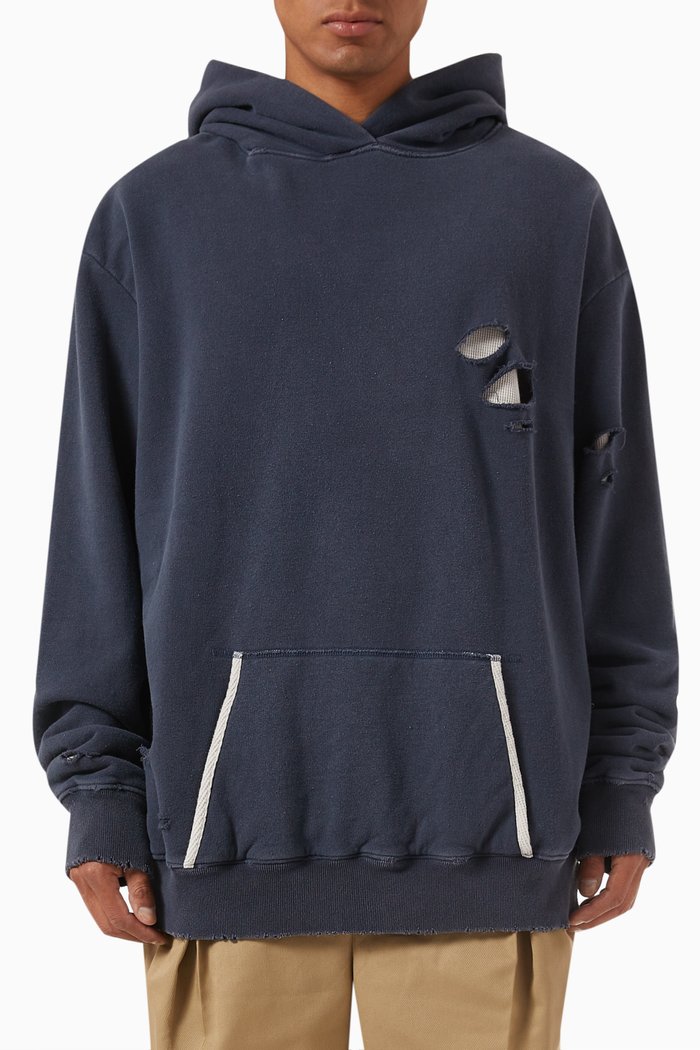 Layered Distressed Hoodie in Cotton, Blue