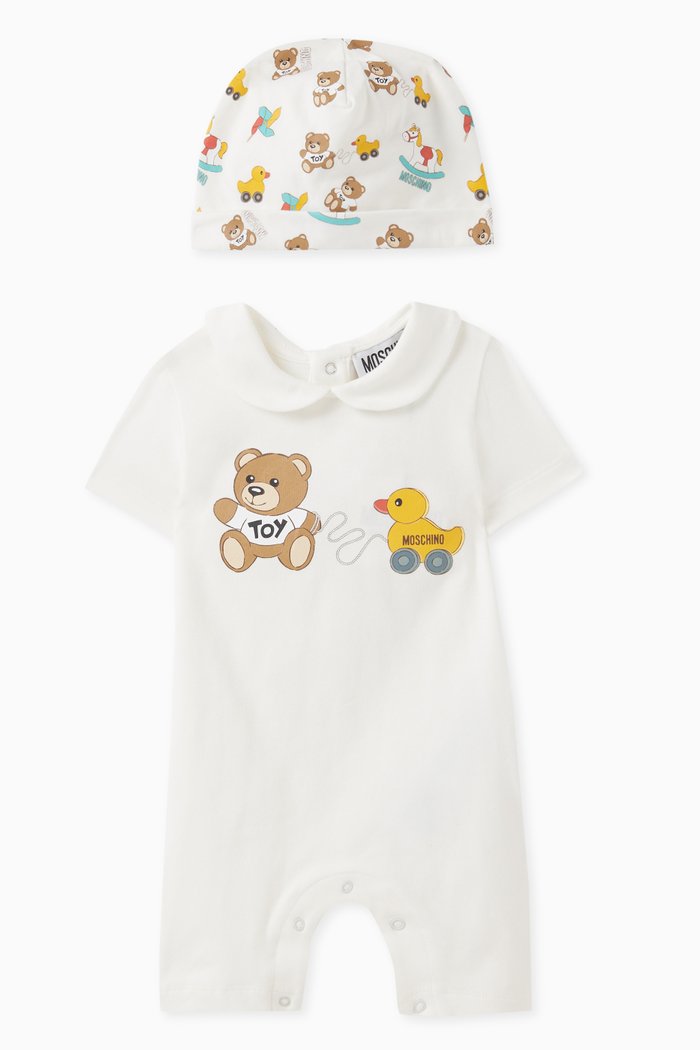 

Teddy Bear Romper and Hat Gift Set in Cotton, White