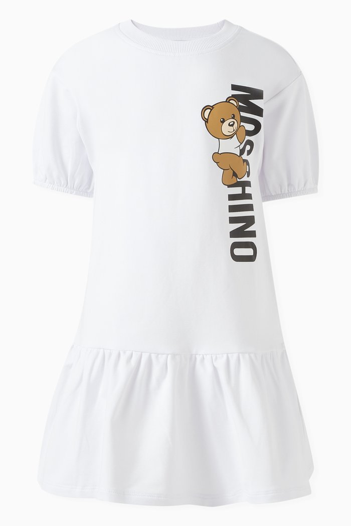 

Teddy Bear Ruffled Dress in Cotton, White