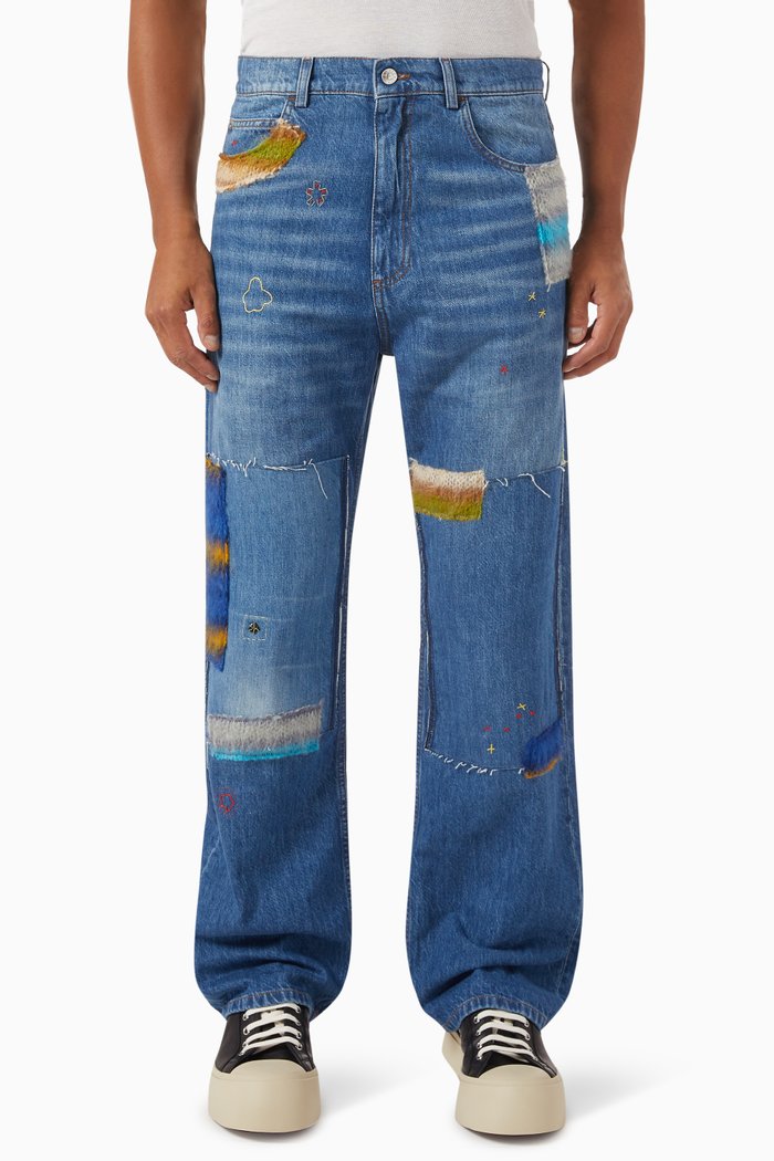 

Patchwork Straight-leg Jeans in Cotton Denim, Blue