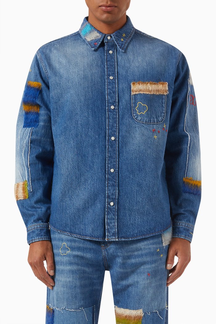 Patchwork Shirt in Cotton Denim, Blue