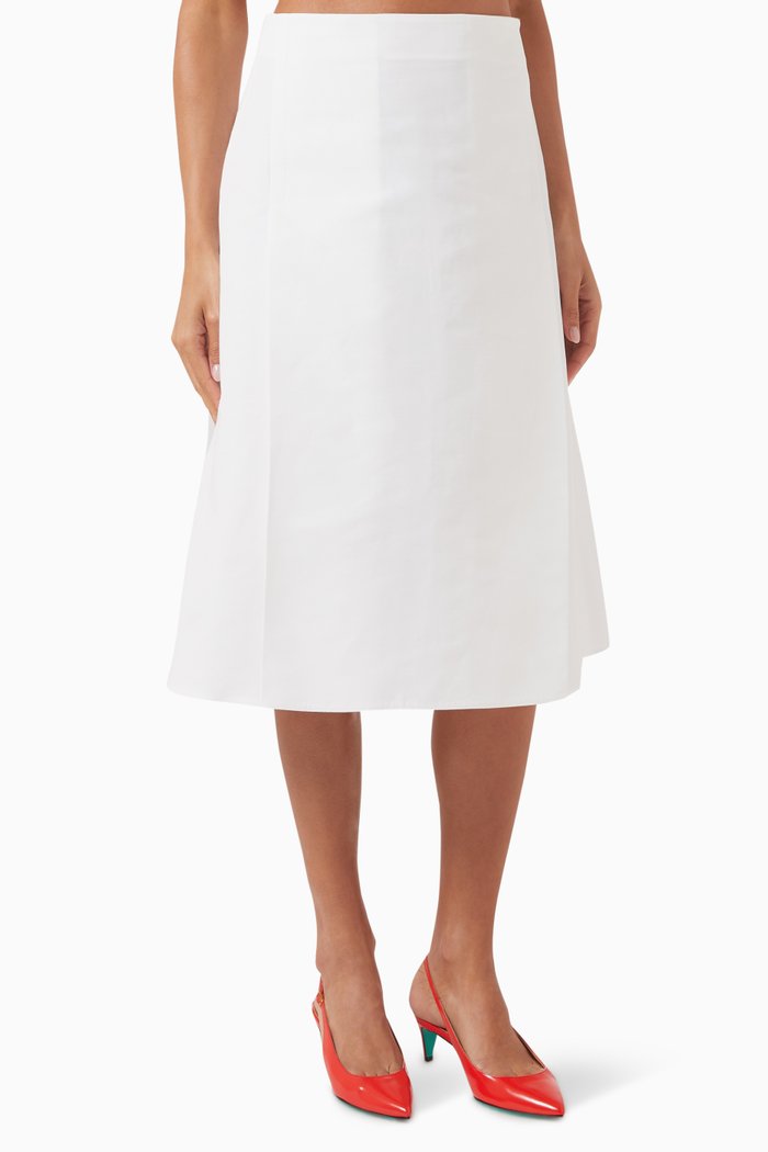

Box Pleat Flared Midi Skirt in Cotton, White